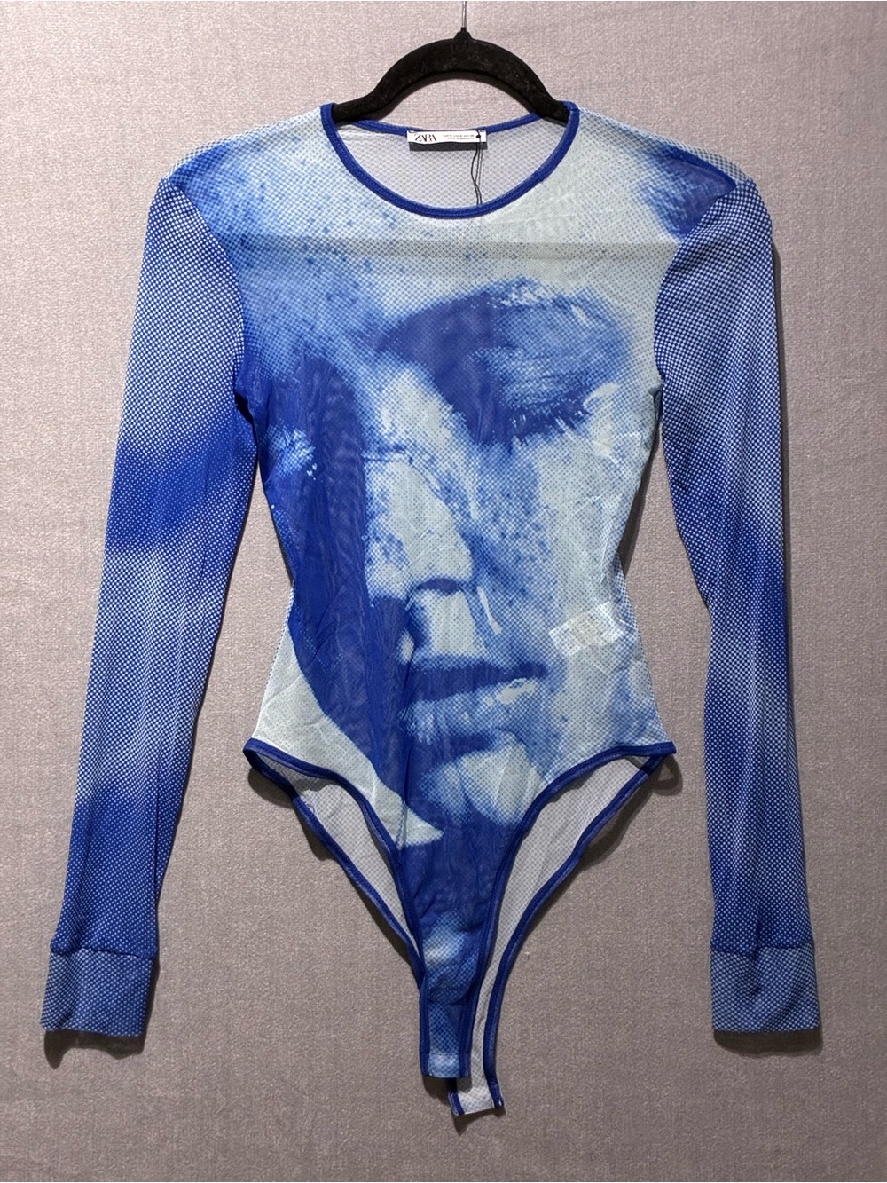 Zara Blue Mesh Face Graphic Bodysuit S NWOT
